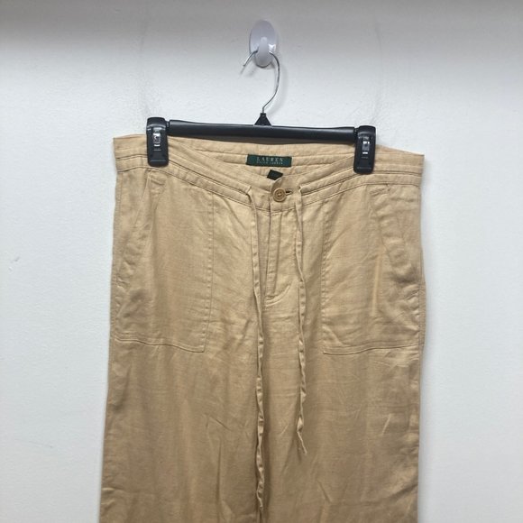 Lauren Ralph Lauren linen tan wide leg pull on pant 4 - Picture 3 of 8